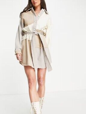 Missguided Tall patchwork belted shirt dress in stone 4